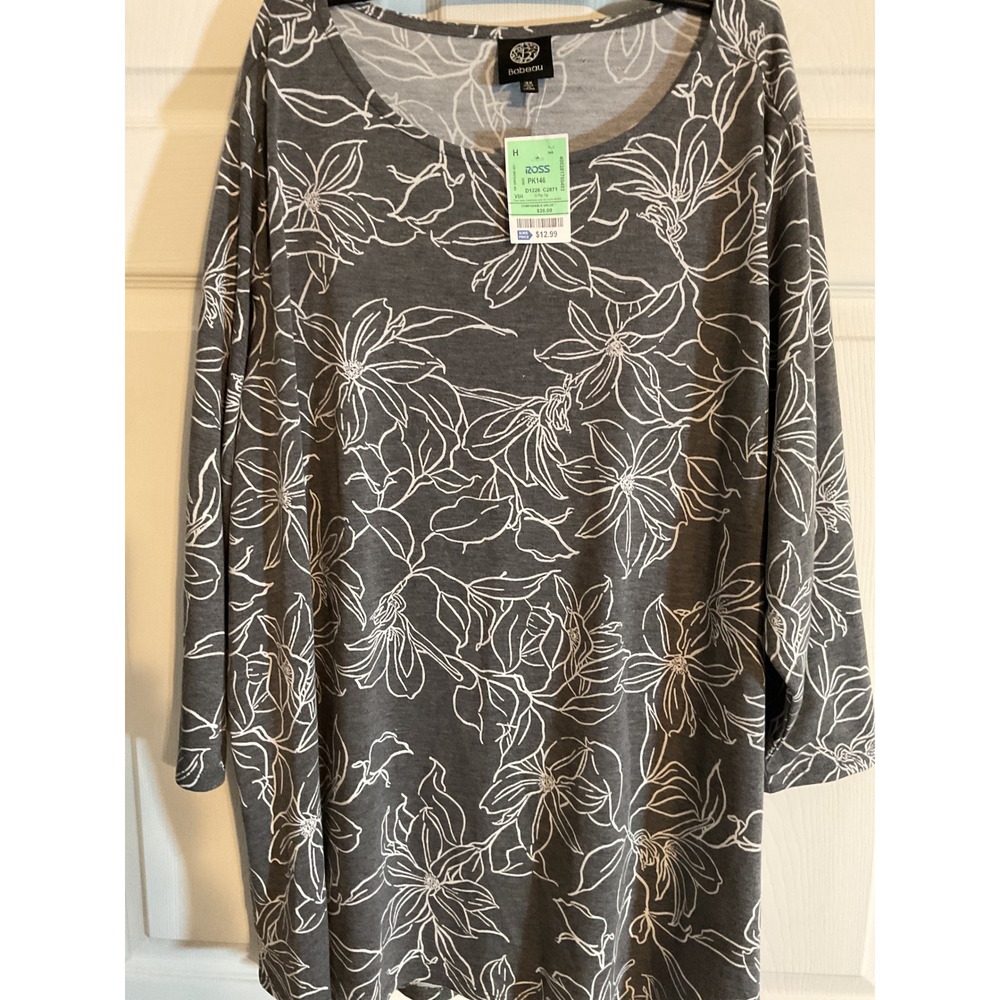 Bobeau Women's 3X Plus Grey Floral Print Long Sleeve Top Shirt